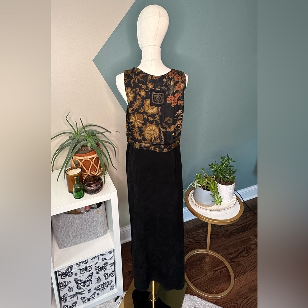 VTG 90s Piccalino Petites Patchwork Midi Dress 6P Made in USA Tapestry Appliqué - Picture 5 of 13